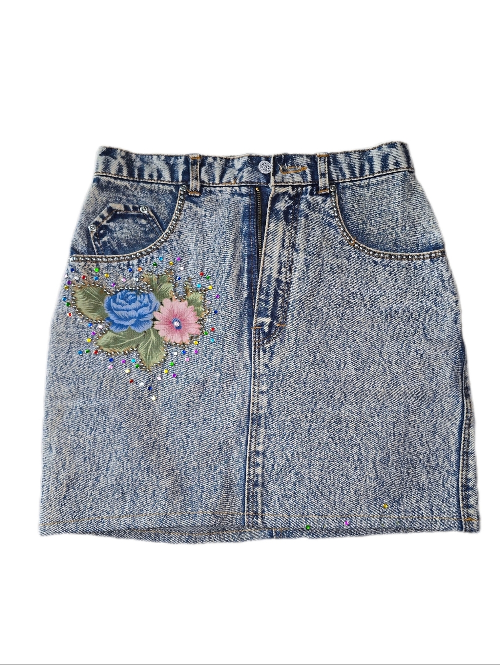 Embellished Floral Denim Mini Skirt
